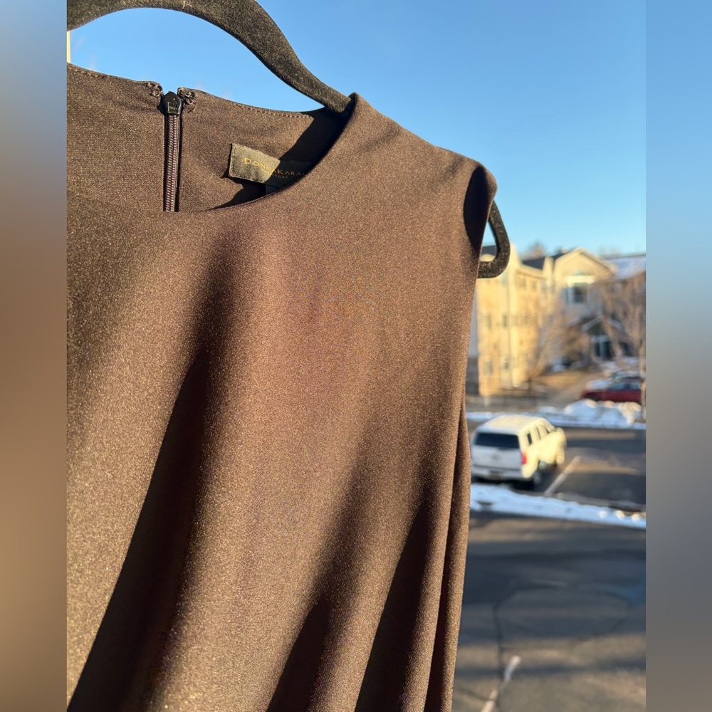 🆕✨ Donna Karan New York Ruched Midi Dress Size 8 Brown Sleeveless Asymmetrical - Picture 10 of 15